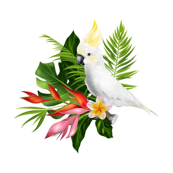 白い鳥とエキゾチックな花と白い背景ベクトルのイラストで隔離された葉を持つ現実的なパロット熱帯組成 — ストックベクタ