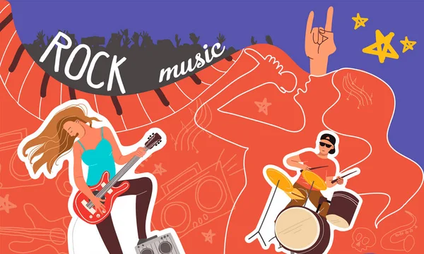 Rock Muziek Kleur Collage Met Mannelijke Vrouwelijke Muzikanten Platte Vector — Stockvector