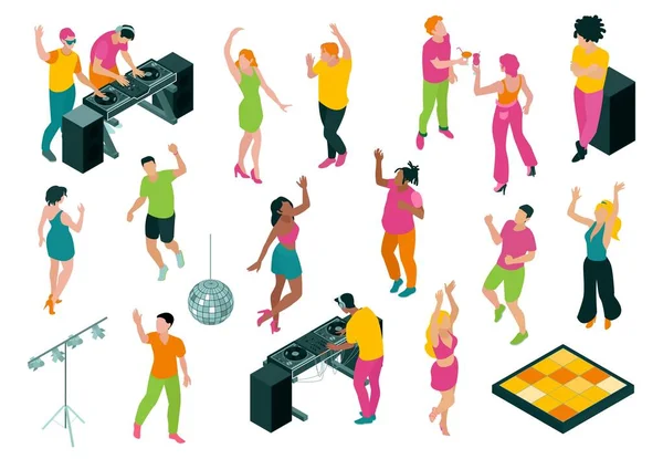 Set Izolovanými Party Ikony Izometrickými Lidskými Znaky Tančících Lidí Diskové — Stockový vektor