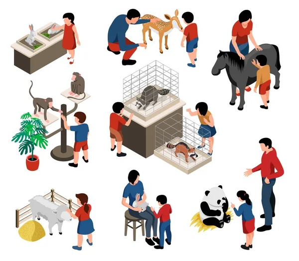 Mini Zoo Isométrique Pour Enfants Avec Des Compositions Isolées Personnages — Image vectorielle