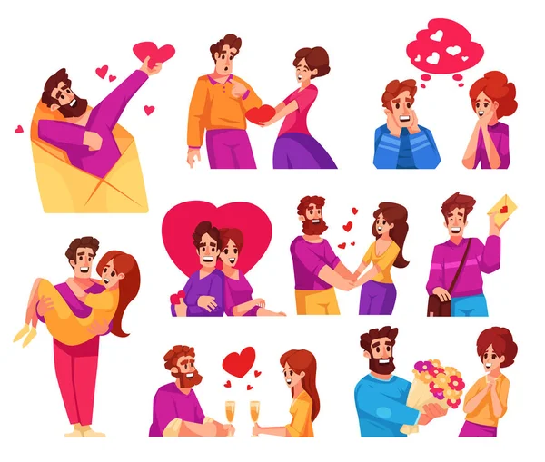 Valentine Flat Set Happy Couples Love Date Isolated Vector Illustration — Stock Vector