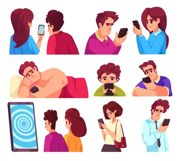 Gadget Internet Les Réseaux Sociaux Addiction Plat Avec Des Personnes — Image vectorielle