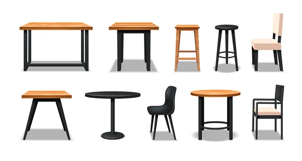 カフェとバー 木製の椅子とテーブルを分離したベクターイラストで設定したリアルな毛皮アイコン — ストックベクタ