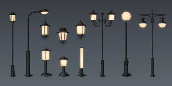 Street Lamp Realistyczne Ikony Zestaw Starym Stylu Zewnętrznych Lamp Ciemnym — Wektor stockowy