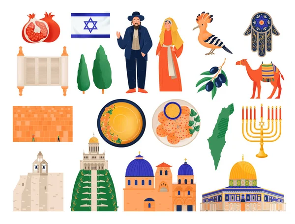 以色列旅行的是一套平面的美食建筑 动物和文化元素 孤立的病媒图片 — 图库矢量图片
