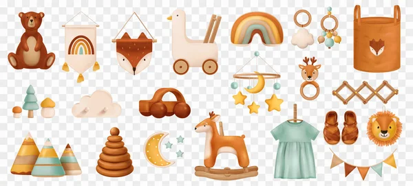 Coleção Desenhos Animados Brinquedos Bebê Estilo Boho Feitos Madeira Têxteis —  Vetores de Stock