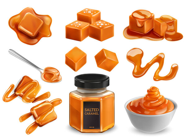 Соленая карамель реалистичный набор плавления карамельных кубиков разлива сиропа и сладкий соус в банке изолированные векторные иллюстрации