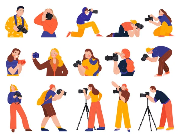 Conjunto Ícones Planos Para Fotógrafos Personagens Masculinos Femininos Com Ilustração —  Vetores de Stock