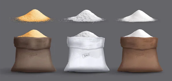白糖和盐的一组具有粉堆和麻袋矢量图解的孤立图像 — 图库矢量图片