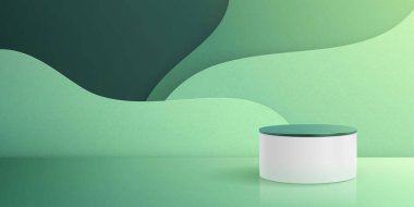 Asgari biçim podyum bileşimi soyut yeşil arkaplan ve yansıma vektörü illüstrasyonlu yuvarlak kaidesinin gerçekçi görüntüsüdür