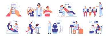 Diş kontrolü sırasında hastaların ve doktorların karakterlerinin olduğu düz dişçi seti izole edilmiş vektör çizimi