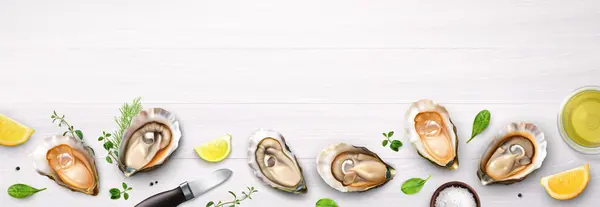 Oysters Realistic Composition White Background Top View Gourmet Food Lemon — Stock Vector