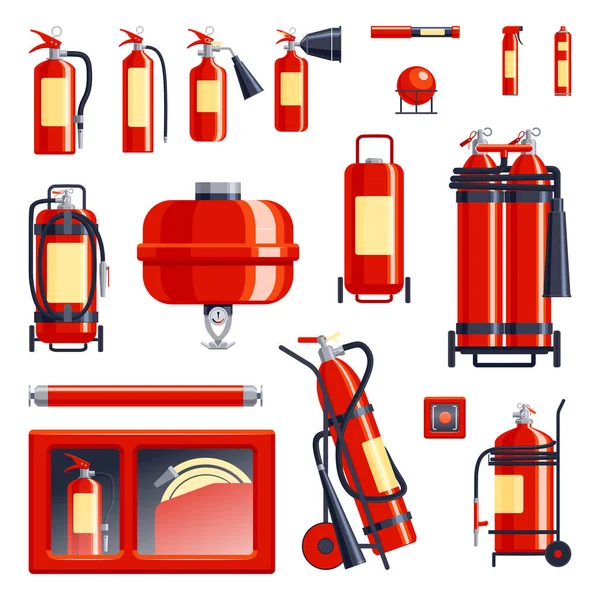 Conjunto Extintor Incendios Con Iconos Aislados Botellas Bomberos Diferentes Tamaños — Archivo Imágenes Vectoriales