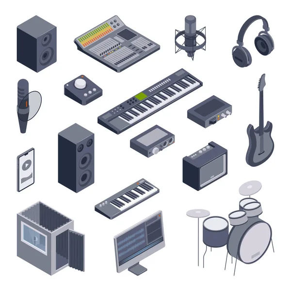 Isometric Music Recording Studio Set Isolated Icons Midi Keyboards Microphones — Stock Vector