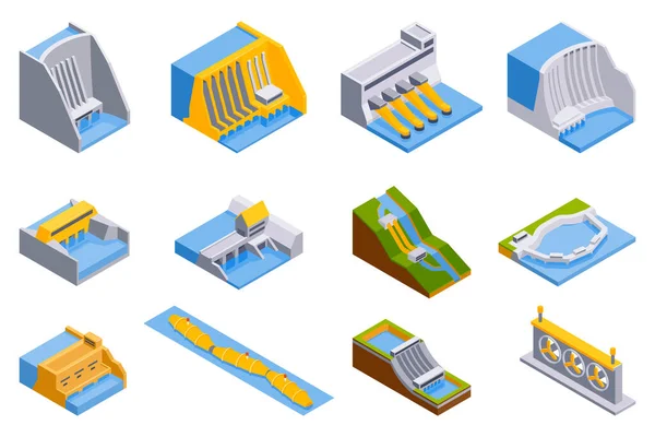 Conjunto Centrales Hidroeléctricas Isométricas Iconos Aislados Con Varios Edificios Industriales — Vector de stock