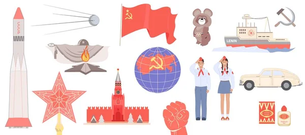 Vlakke Set Van Ussr Symbolen Met Pioniers Kremlin Nucleaire Ijsbreker — Stockvector