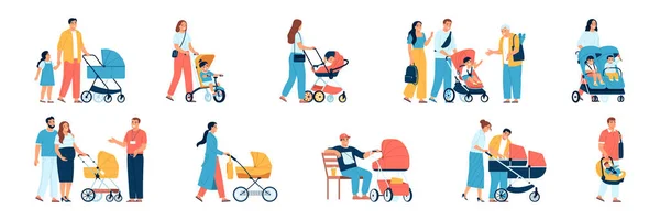 Mères Pères Avec Différents Chariots Pour Bébés Illustration Vectorielle Isolée — Image vectorielle