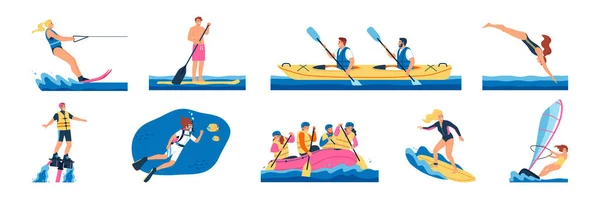 Water Sport Flat Set Happy People Swimming Kayaking Skiing Scuba — Stock Vector