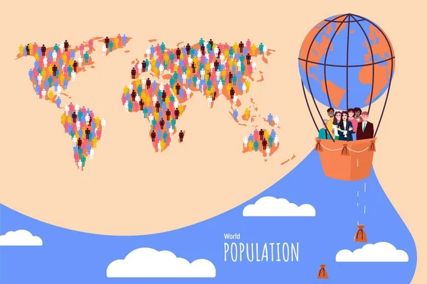 世界人口平装拼贴 附有地图和气球矢量图解 — 图库矢量图片