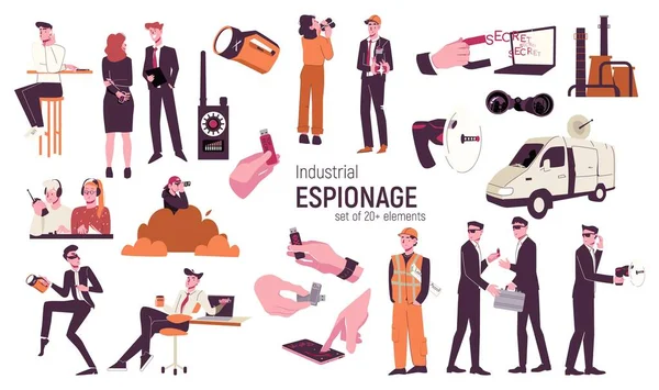 Ensemble Plat Espionnage Industriel Avec Des Icônes Isolées Travailleurs Criminels — Image vectorielle