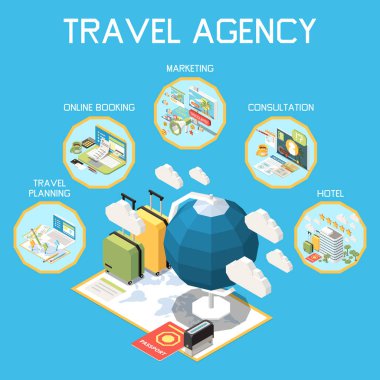 Seyahat planlama çevrimiçi rezervasyon danışmanlığı ve otel açıklamaları vektör illüstrasyonuyla turistik seyahat acentesi izometrik kompozisyonu