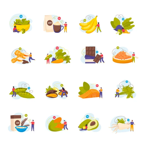 Healthy High Magnesium Foods Flat Icons Set Tiny Human Characters — Stock Vector