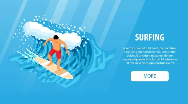 Banner Azul Horizontal Surf Con Deportista Tabla Surf Dedicado Deportes — Vector de stock