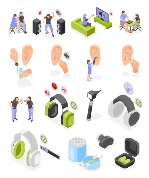 Iconos Isométricos Higiene Auditiva Conjunto Herramientas Médicas Para Diagnóstico Oído — Vector de stock