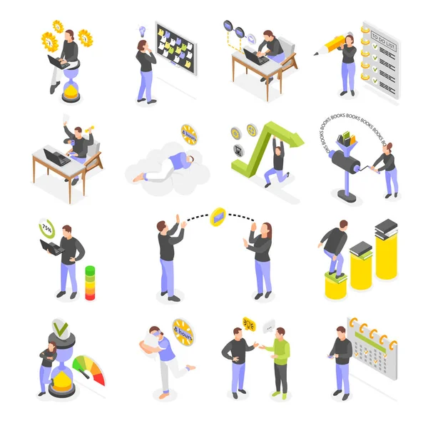 Persoonlijke Productiviteit Isometrische Pictogrammen Set Van Mensen Die Plannen Werk — Stockvector