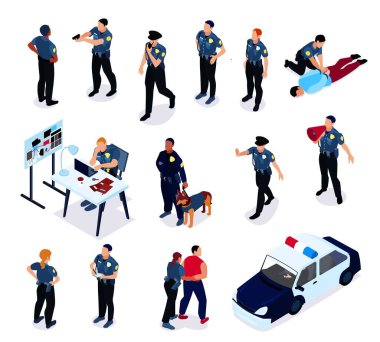 Polis memurları, polis memurları, polis dedektifleri ve devriye arabası çizimleri ile izole edilmiş ikonlar.