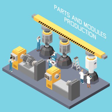 Uzay aracı parçaları ve modülleri ile izometrik roket yapımı prodüksiyon vektör çizimi