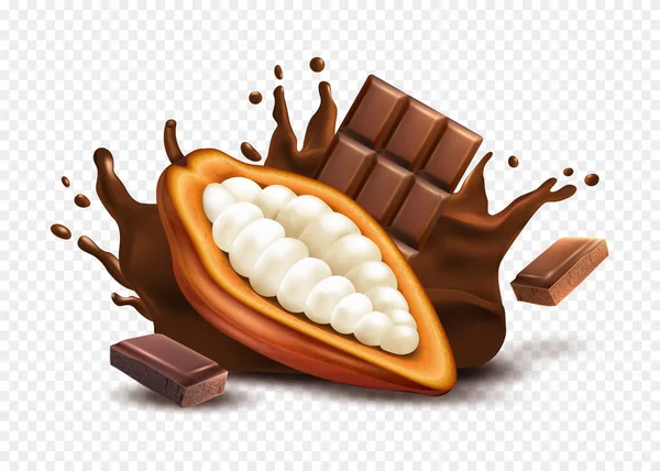 Reálné Kakaové Složení Syrovými Kakaovými Boby Čokoládovou Tyčinkou Průhledném Pozadí — Stockový vektor
