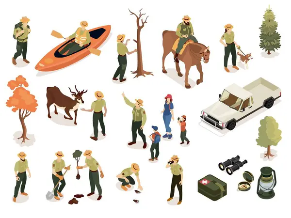 Ισομετρική Δάσος Αποθεματικό Ranger Σύνολο Απομονωμένων Εικόνων Φουσκωτά Βάρκα Pickup — Διανυσματικό Αρχείο