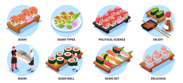 Set Isometric Compositions Sushi Maki Trays Plates Tiny Characters Cooks — Stock Vector
