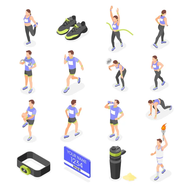 Marathon Runners Isometric Icons Set Running Athletes Sports Equipment Isolated — Stock Vector