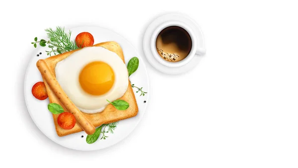 Toast Fried Egg Breakfast Realistic Composition Top View Coffee Cup — Stock Vector