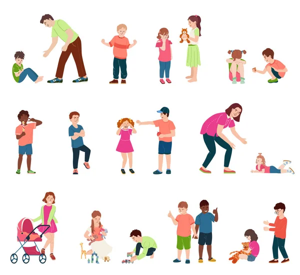 Children Behaviour Flat Set Kids Friends Parents Different Life Situations — Stock Vector