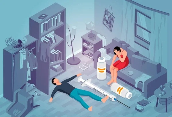 stock vector Addiction isometric concept with two drug addict people in messy room with syringe and pill bottles vector illustration