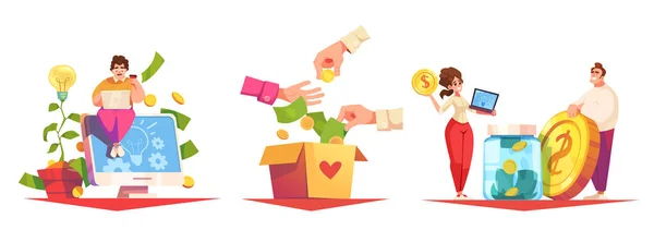 Crowdfunding Concetto Cartone Animato Impostato Con Idea Donazione Denaro Avvio — Vettoriale Stock