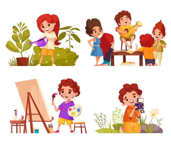 Children Creative Hobbies Cartoon Composition Set Kids Painting Singing Isolated — Stock Vector