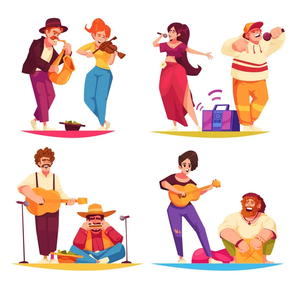 Músicos Callejeros Conjunto Dibujos Animados Con Gente Feliz Jugando Cantando — Archivo Imágenes Vectoriales