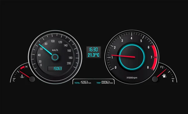 Car Dashboard Realistic Concept Vehicle Cockpit Black Background Vector Illustration — Stock Vector