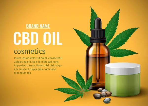 Poster Medis Mariyuana Dengan Gambar Vektor Realistis Kosmetik Minyak Cbd - Stok Vektor