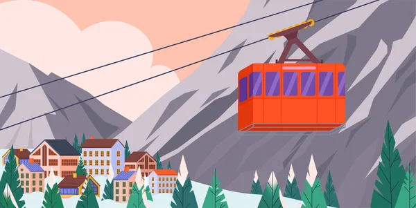 着色された景観ケーブルウェイ構成ケーブルカーは 市民景観ベクトルイラストの背景に対して山の頂上にグループを送信します — ストックベクタ