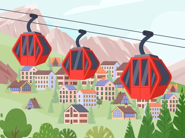 Cableway Landscape Mountains Houses Flat Vector Illustration — Stock Vector