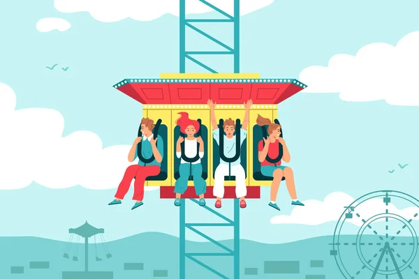 Gente Emocionada Atracción Torre Caída Libre Parque Atracciones Ilustración Vector — Vector de stock