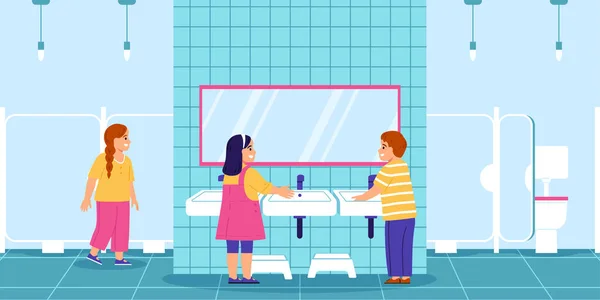 Crianças Felizes Lavando Mãos Jardim Infância Banheiro Ilustração Vetorial Plana —  Vetores de Stock