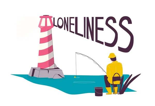 Loneliness Text Composition Flat Style Man Fishing Alone Lighthouse Vector — Stock Vector