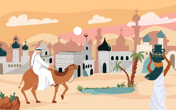 Пейзаж Оазиса Пустыне Людьми Зданиями Плоские Векторные Иллюстрации — стоковый вектор