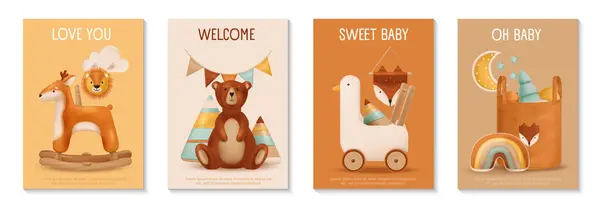 Γλυκό Παιδική Ηλικία Ρεαλιστική Vintage Αφίσες Διακόσμηση Παιχνίδια Μωρό Boho — Διανυσματικό Αρχείο